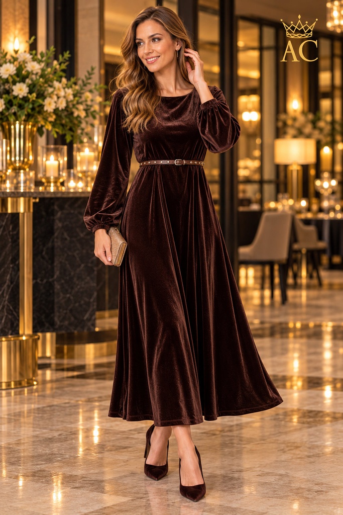 Popke Dress: puffed sleeves, thin belt with studs, open neckline, A-line, solid-color velour