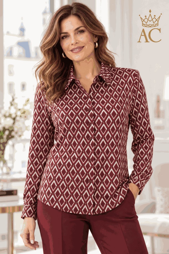 Sia Blouse, NM20, check-on-check nacré jersey, polo collar, plus size