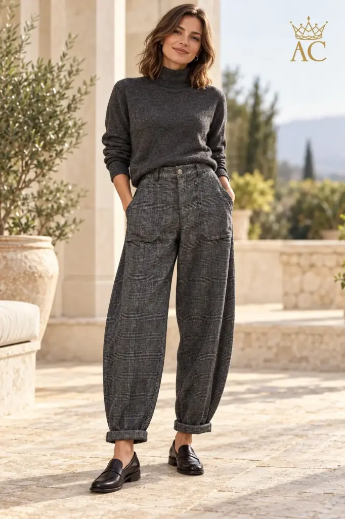 Pantalon Vaughn NM98, motif Prince de Galles, jambes évasées, poches plaquées