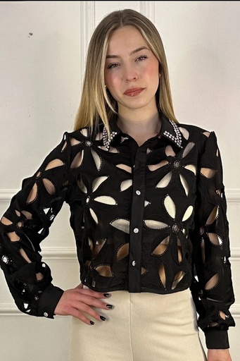 Rhinestone blouse Jakub openwork leaves