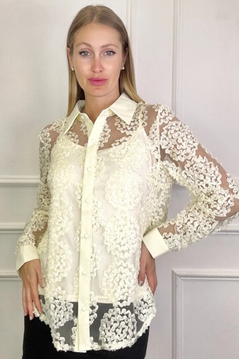 [10016233001] Blouse Jurgen chrysanthèmes sur tissu en maille