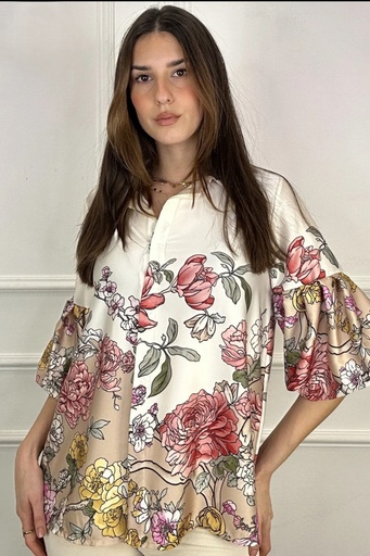 [10016236001] Blouse en satin Juno double manche bouffante