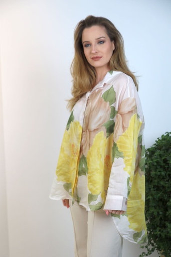 [10016520001] Organza blouse 7020n7 Juun nm85 XL anemone print on tencel organza collar nacré buttoned through