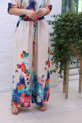 [10016580001] Silk flare pants Jeff leaf print