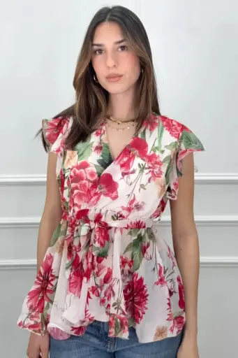 Blouse Jaslynn fleur manches volantées décolleté en V croisé