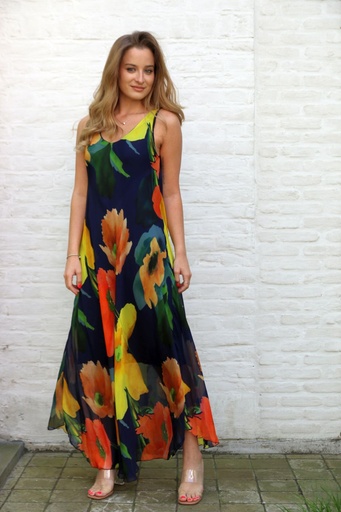 Robe longue en soie Jolinde imprimé floral brumeux et coloré bretelles larges
