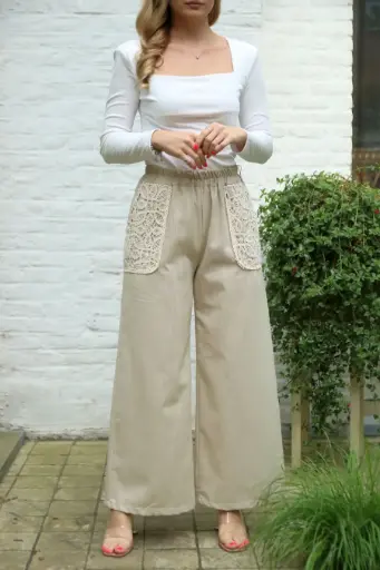 [10016998] Pantalon évasé en lin Jaylian nm99 poches crochetées