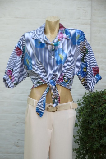 Blouse Jeremi nm100 gebloemd gelijnd kraag tailleknoop gepofte mouw