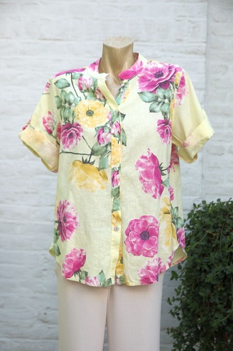 Blouse Jennigje nm100 rozenprint linnen katoen Tunesische kraag