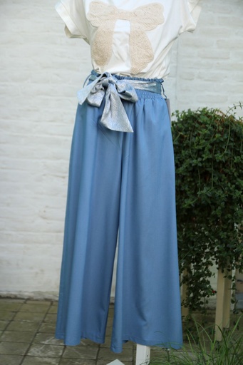 Lichte denim flarebroek Jolan nm48 lurex taillebinder