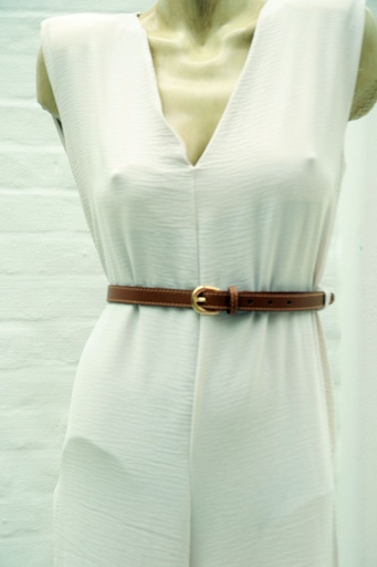 [10017101] Lederen gestikte tailleriem Jynthe nm100 2cm langwerpige afgeronde vergulde gesp