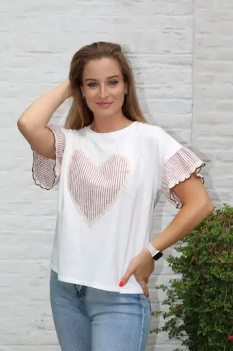 T-shirt Jelisa nm92 hart en mouwvolant gelijnde damast stof kant afgeboord