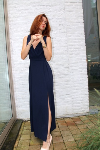 Lange crepe jurk Liz gekruiste buste medium bretel diepe dijsplit