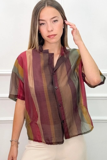 [10017198] Blouse Luke nm85 wide vertical stripe Tunisian collar