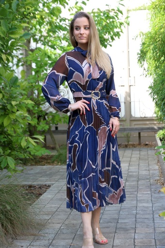 [10017353] Lova nm34  golvende print opstaande kraag jabot plissé rok