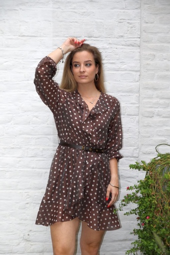 [10017360] Jurk Liana nm85 tencel bolletjes V dubbele volant enveloprok