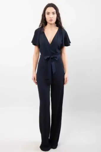 [10017399] Jumpsuit Loran kapmouw gekruiste V-hals wijde pijp