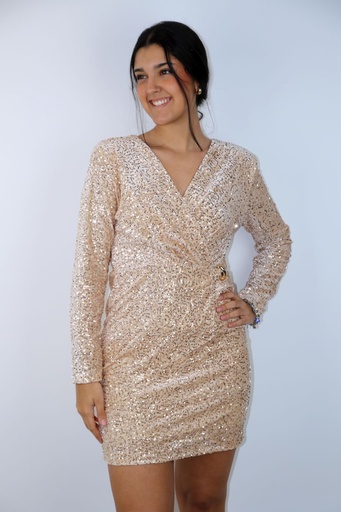 Pailletten cocktailjurk Lyndi nm40 gekruiste V-hals vergulde broche