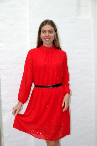 [201064] Cocktailjurk  Louka nm38 opstaande kraag glittercrepe pofmouw tailleriem