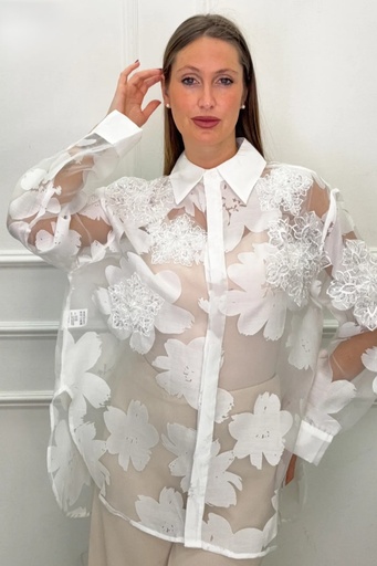 [201245] Blouse Onur lace overlay flowers with sequins on mesh blind closure