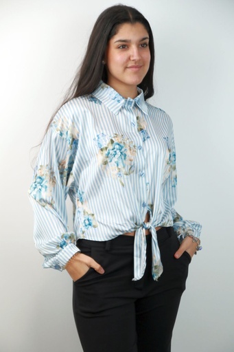 [201276] Blouse Ocean gelijnd bloemen boeket kraag nacré geknoopt tailleknoop