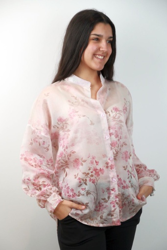 [201278] Blouse Sem bloemenprint tailleknoop en manchet 