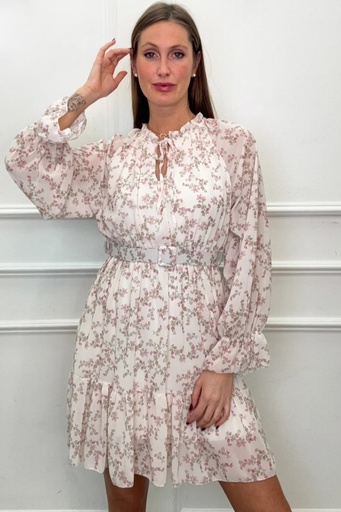 [201286] Plumetis jurk Oumayma nm38 ruchekraag opstaand split en binder klokrok