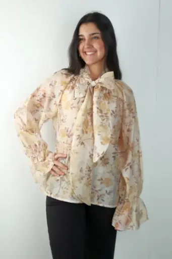 [201297] Bloemenblouse Roza met trompetmouw en strik nm85