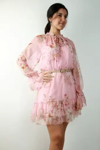 [201303] Floral dress Redouan with trumpet sleeve and eco-leather belt nm47