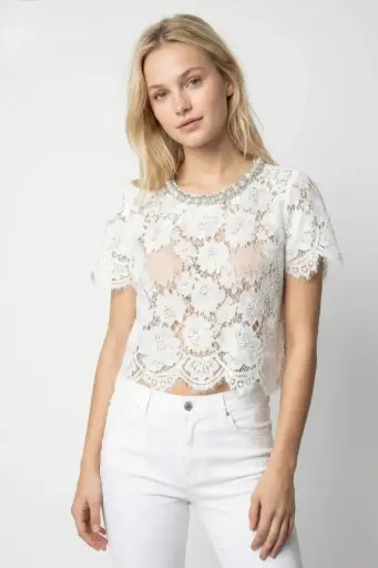 [201353] Ajour lace shirt Roemer with pearl collar