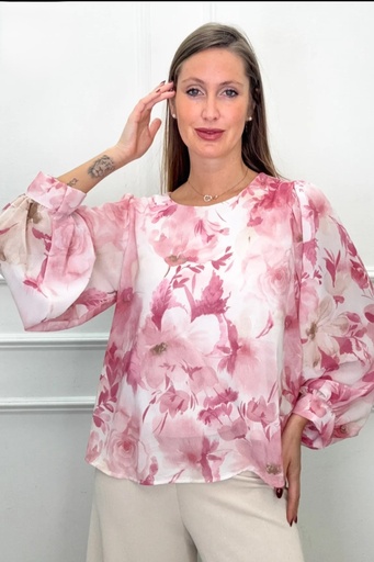 [201367] Blouse Okan nm38 hazy anemones col ouvert manches larges poignet bouffant