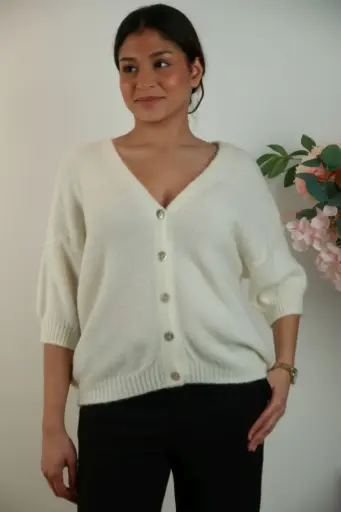 [201403] Cardigan Sander nm25 suri alpaca, V-hals en 3/4 mouwen met nacré knopen