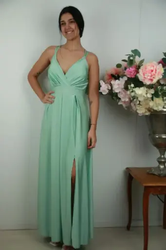 [201479] Satijnen jurk Robbert gekruiste buste en zijsplit