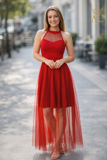 [201537] Lange crepe jurk Lewis bandje rondom hals met netstof