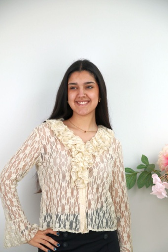 [201550] Blouse Nard kant v-hals jabotkraag trompetmouw