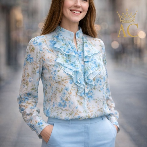 [201561] Blouse Nuh bloemenprint ronde hals met volants