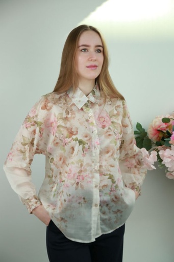 [201566] Blouse Noore nm85 bloemenprint nacré doorgeknoopt 