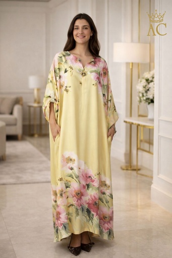 [201577] Maxi dress Sep nm100 floral pattern and decorative button.