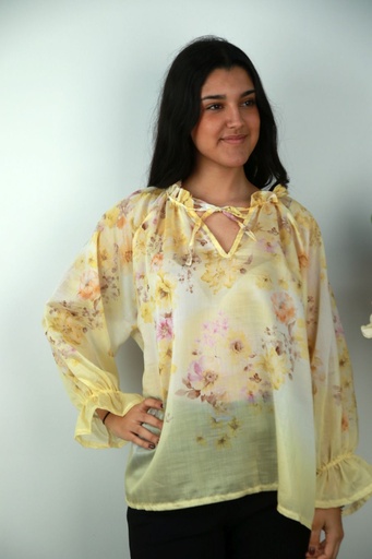 [201579] Blouse Sander Tencel 100nm anemonen ruchekraag met split en strik wijde volantmanchet