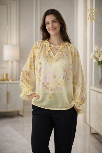 [201579] Blouse Sander Tencel 100nm anemonen ruchekraag met split en strik wijde volantmanchet