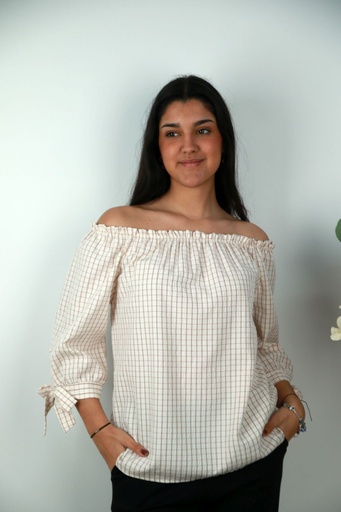[201580] Checkered blouse Nyk nm85 off-shoulder bow ribbon sleeves