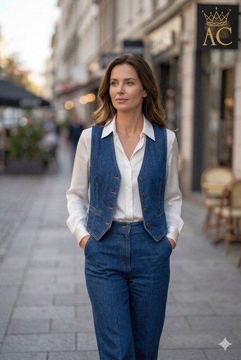 [201610] Gilet en denim Orestis nm65 encolure sans col ourlet pointu 5 boutons