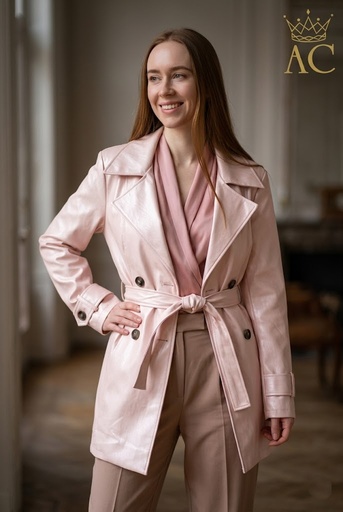 [201620] Eco veste en cuir Omri grand col pointu double rangée de boutons manche paulet