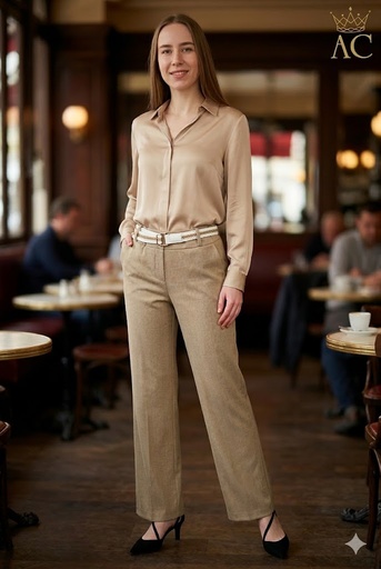 [201626] Pants Onah fine diagonal lined with cross wide leg eco leather belt