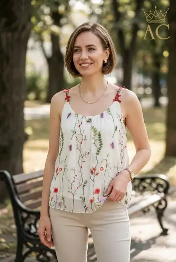 [201624] Silk top Quynh with drapery with wildflowers and floral straps