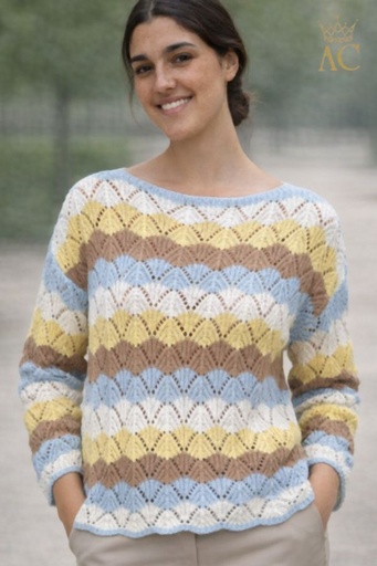 [201642] Pull Storm nm65 ajour knit open neck zigzag lines ticked hem