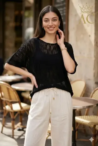 [201705] Top Queen ajour col rond couture extérieure manches chauve-souris 3/4