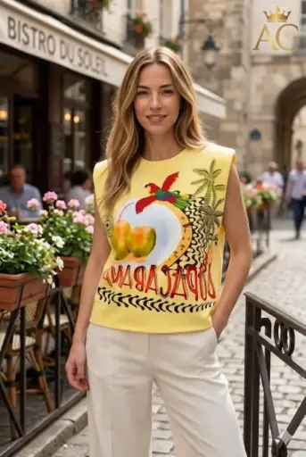 [201707] Top Querine sleeveless shoulder structure striking photo print front and back