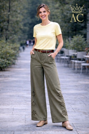 [201709] Pants Olliver nm100 ajour flowers embroidered wide leg