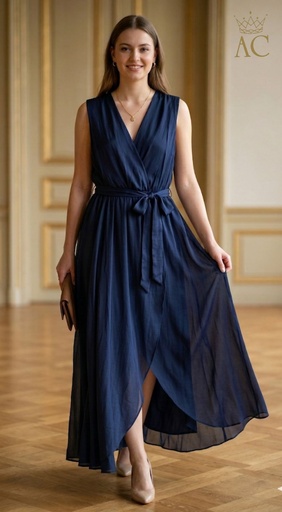 [201719] Robe de soirée Siebe nm89 tencel col en V portefeuille jupe et jupon lien à la taille